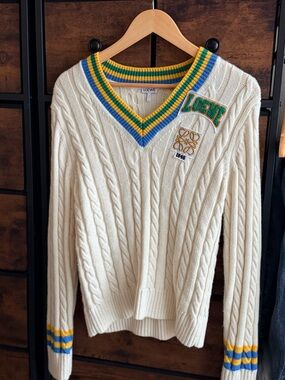 Authentic Loewe Cream Cable-Knit V-Neck Sweater with Yellow & Blue Trim